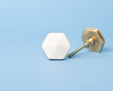 Handmade Marble and Brass Door Knob -  White Hexagon Drawer Handle Complemented With Gold Accents- Hardware- Classic Home Design