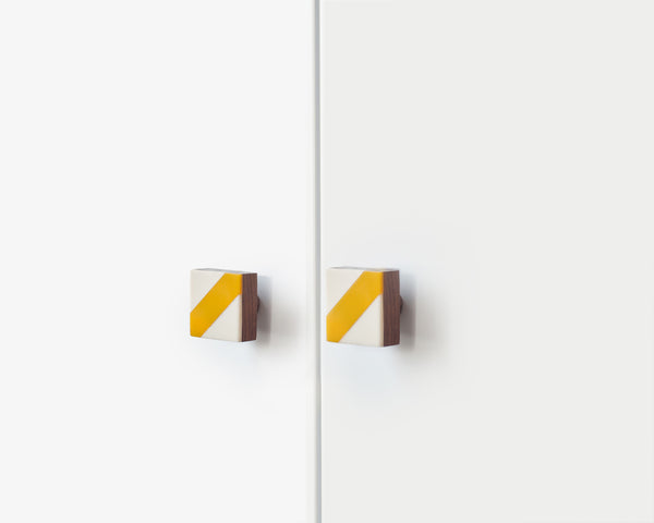 Cheerful Square Wooden Door Knob,  White and Yellow Handle, Boho lifestyle