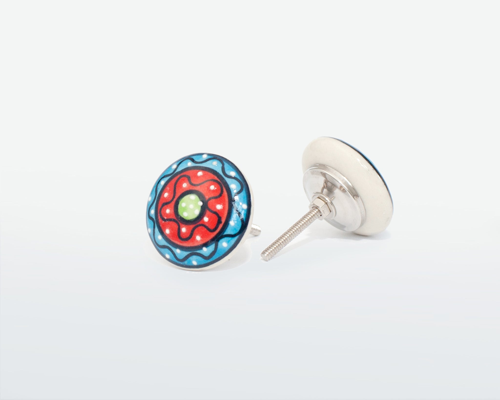 Round Ceramic Boho Door Knob- Ceramic Red, Blue and Green Door Handle