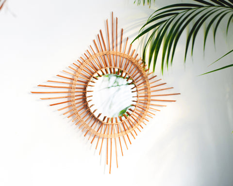 Dimond Shaped Rattan Mirror - Sunburst Bohemian Mirror -Boho Home Decor-Vintage Style Wall Mirror